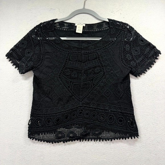Ultra Pink Tops - Ultra Pink Crochet Lace Details Cropped Blouse Top Womens S Black Scalloped Trim